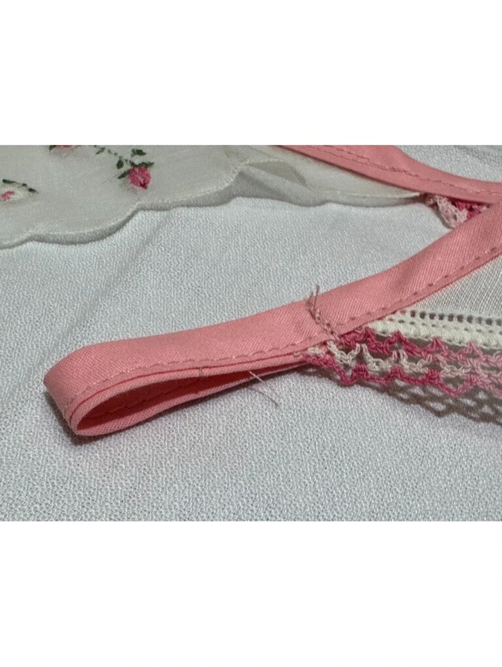 Vtg Pink Handkerchief Bunting Garland Hankie Banner Handmade Flowers Floral Rose